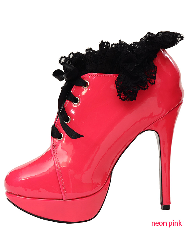 ftw frilly maid shoes neon pink with black lace 1